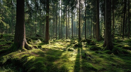 Sunlit forest floor bathed in mossy green
