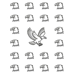 Set of 20 black and white bald eagle line art icons in flight and action poses on white background
