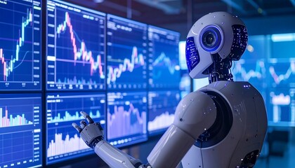 Digital market web concept of futuristic computer technology with a world map graph and abstract financial data on a blue monitor screen