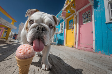Bulldog licking ice cream cone in front of colorful beach houses in summer