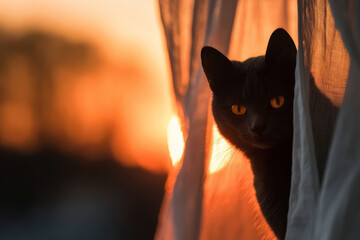Black cat peeking through curtain at sunset