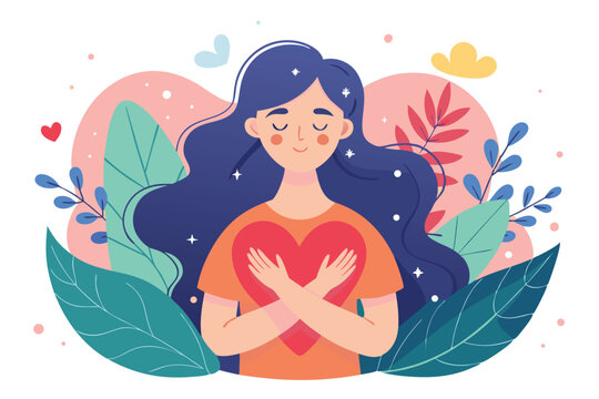 Celebrate self love with a cute girl holding her heart among vibrant plants and lovely colors in a joyful display of self care and inner peace