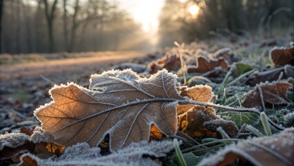 Thin frost covering dry leaves on the ground, crisp morning light revealing edge detail
