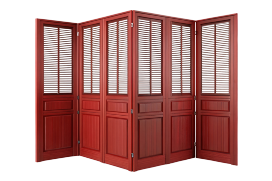 Classic red wooden folding room divider with louvered panels isolated on transparent background