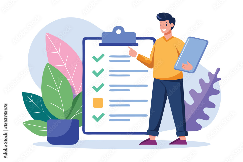 Poster man standing next to clipboard with checklist highlighting task completion in a modern workspace sur