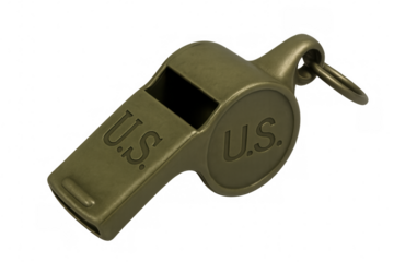 Vintage brass whistle bearing u.S. Initials, gleaming with historical significance against transparent backdrop, signaling official heritage