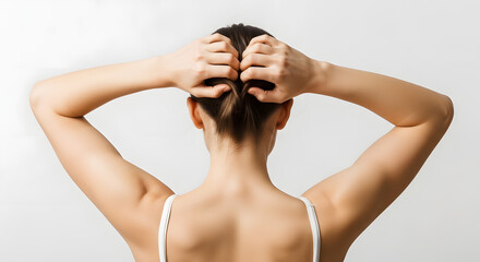 Obraz premium Back View of Woman with Hands in Hair on White Background