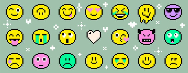 Big set of pixel art emoticon faces. Retro 8 bit style circle funny color icons with various expressions. Smiling face, sad, angry, winking, laugh, melting, love eyes, kiss, heart, cool sunglasses