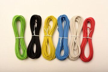 Coils of multicolored wires. Connecting wires for electronics.