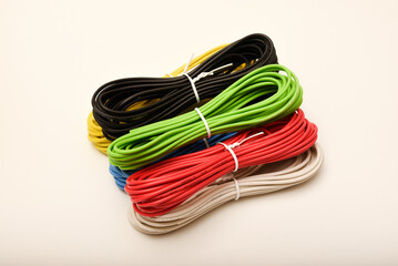 Coils of multicolored wires. Connecting wires for electronics.