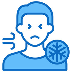 Chills - Blue Fill Outline Style Icon - Shivering person with cold air and a snowflake, representing chills or cold symptoms