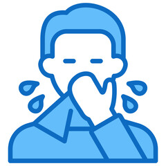 Sneezing - Blue Fill Outline Style Icon - Person sneezing with droplets, indicating a cold or allergic reaction