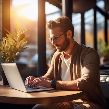 Homem digitando em seu notebook.