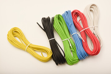 Coils of multicolored wires. Connecting wires for electronics.