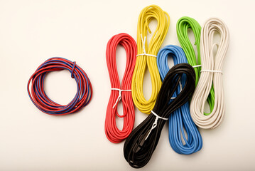Coils of multicolored wires. Connecting wires for electronics.