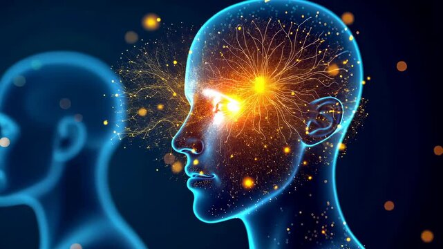 Medical digital screen, neural activity, brain mapping. Cognitive health. Neurons fire during cognition. Synapse strength improves memory retention. Brain health enhances mental capabilities.