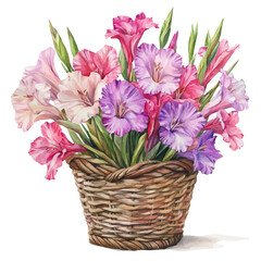 watercolor vector of A Gladiolus Flower Basket, isolated on a white background.