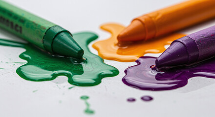 Melted Crayons: Green, Orange, and Purple Wax on White