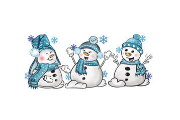 Three cheerful snowmen Winter Christmas Sublimation Design  isolated on transparent background