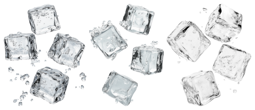 PNG Clear ice cubes scattered creatively, element set on transparent background