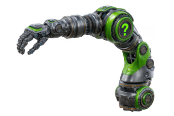 Advanced robotic arm with green question mark accent isolated on transparent background