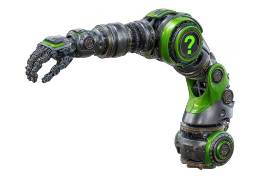 Advanced robotic arm with green question mark accent isolated on transparent background