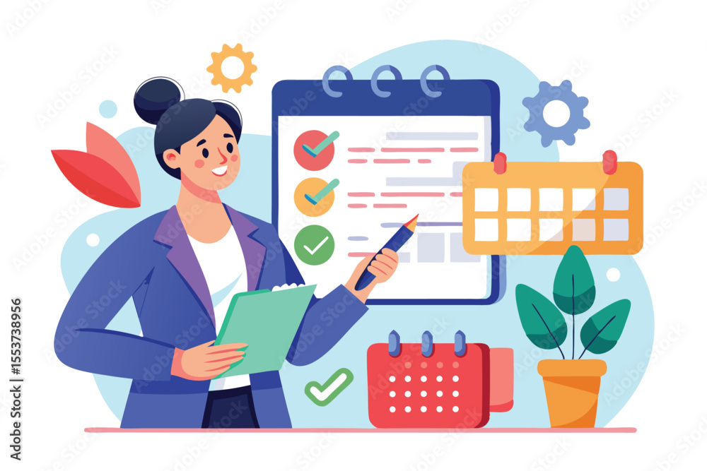 Poster event planner efficiently coordinating tasks with checklist and calendar in a creative workspace env