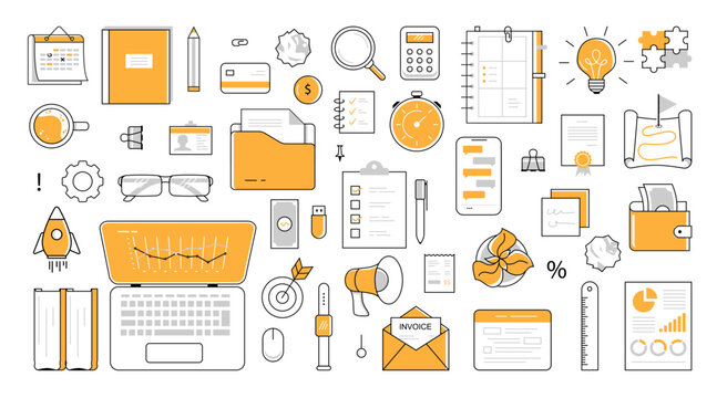 Set of workplace objects collection. Office Icon with laptop documents, calculator, phone, management calendar, horn, stationery. Top view flat vector illustration. Minimalist line art.