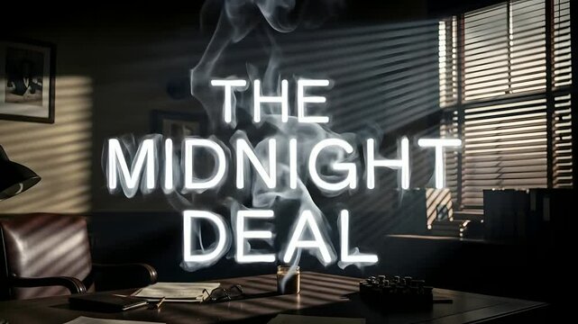 Noir office setting, 'The Midnight Deal' title glows amid smoke, suspense concept. Ideal for crime drama intros, mystery trailers, film noir promotions, shady business deals, vintage themes.