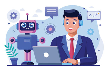 Businessman engages with a chatbot for efficient solutions in a modern workspace focusing on technology and innovation