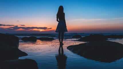 Silhouette of woman in flowing dress standing on coastal rocks at sunset with ocean in background