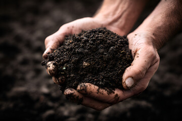 Farmer holding fertile soil in hands, symbol of agriculture and growth