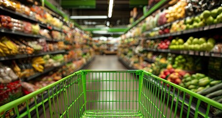 Grocery store aisle with shopping cart