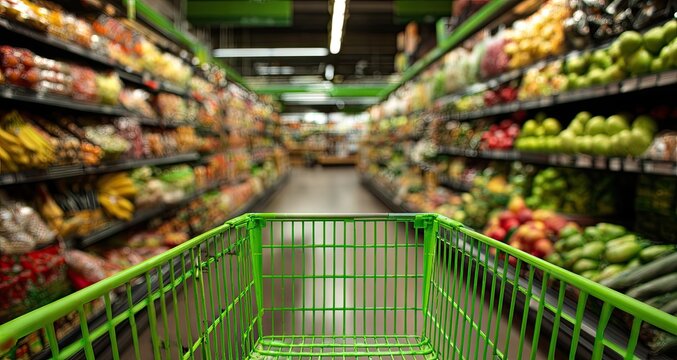Grocery store aisle with shopping cart