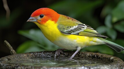 Fototapeta premium Colorful bird drinks from a birdbath