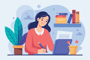 Woman engaged in writing a contract at a desk with books and plants in a bright, stylish workspace during the day