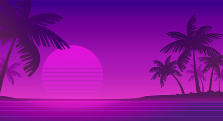 Naklejka premium Retro futuristic sunset landscape background of 80's - 90's style with palms silhouette on the dark purple neon beach - cyberpunk vector dsgn for Synthwave music cover and surf party banner design