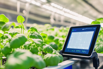 Smart farming concept, close-up of hydroponic plants monitored by a digital tablet displaying growth data