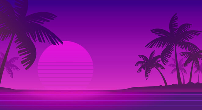 Retro futuristic sunset landscape background of 80's - 90's style with palms silhouette on the dark purple neon beach - cyberpunk vector dsgn for Synthwave music cover and surf party banner design
