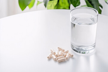 Handful of probiotic capsules on a white table next to a glass of water, health and wellness concept