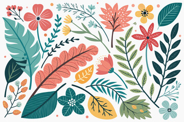 
Abstract botanical collage with colorful hand-drawn flowers and leaves seamless vector floral pattern in modern minimalist style, Vector modern graphic illustration of colorful flowers and leaves

