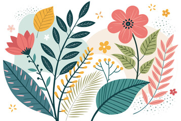
Abstract botanical collage with colorful hand-drawn flowers and leaves seamless vector floral pattern in modern minimalist style, Vector modern graphic illustration of colorful flowers and leaves

