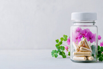 Transparent bottle with pink clover flowers and natural supplement phytoestrogen pills for restoring women hormonal balance. Menopause concept
