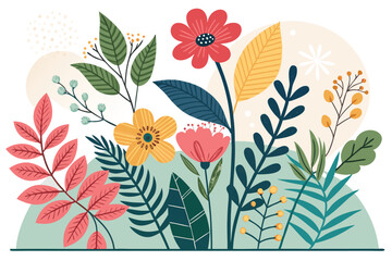 
Abstract botanical collage with colorful hand-drawn flowers and leaves seamless vector floral pattern in modern minimalist style, Vector modern graphic illustration of colorful flowers and leaves

