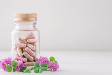 Transparent bottle with pink clover flowers and natural supplement phytoestrogen pills for restoring women hormonal balance. Menopause concept