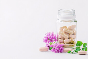 Transparent bottle with pink clover flowers and natural supplement phytoestrogen pills for restoring women hormonal balance. Menopause concept