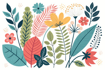 
Abstract botanical collage with colorful hand-drawn flowers and leaves seamless vector floral pattern in modern minimalist style, Vector modern graphic illustration of colorful flowers and leaves

