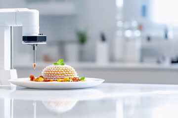 3D-printed food concept, futuristic food printer creating a structured edible dish