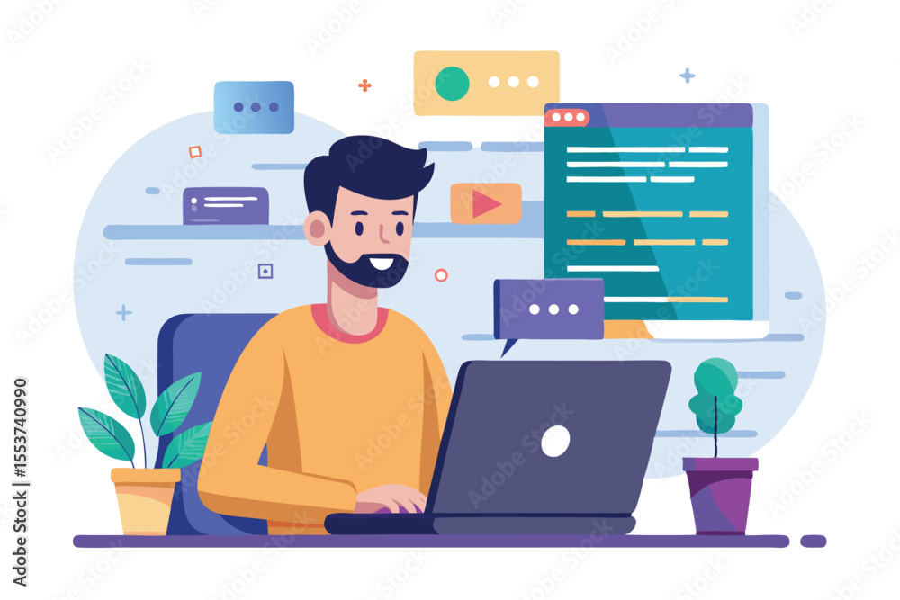 Poster programmer focuses on coding using laptop in a modern workspace filled with plants, showcasing a liv