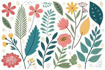 
Abstract botanical collage with colorful hand-drawn flowers and leaves seamless vector floral pattern in modern minimalist style, Vector modern graphic illustration of colorful flowers and leaves


